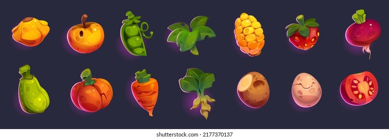 Hortalizas e íconos de frutas. Caza de fresa, zanahoria, papa, tomate, manzana y huevo. Conjunto de dibujos animados vectoriales de los símbolos alimentarios de la granja, calabaza, maíz, jengibre, espinacas y guisantes aislados en el fondo