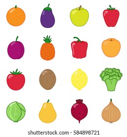 Vegetables and fruit icons on white background. Vector flat collection.