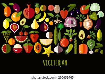 Vegetables and fruit icons: vector set of flat colorful food signs. Vegetarian.  Illustration