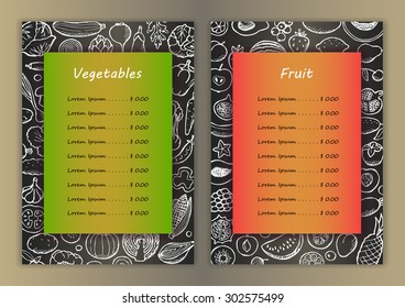 Vegetables and fruit list with  hand drawn doodle elements. Vector illustration for menu, posters, prints, banners, web design, covers