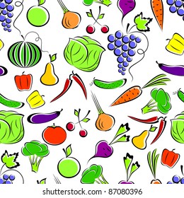 Vegetables and fruit on a white background form a seamless composition.