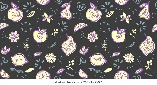 Vegetables and fruit pattern, hand drawn vector graphic backdrop