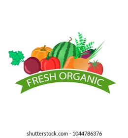 Vegetables and fruit with ribbon. Watermelon, pumpkin, eggplant, beetroot, pepper, carrot, onion, tomato. Vector illustration.