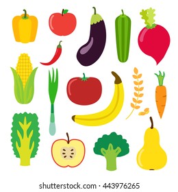 Vegetables and fruit set for healthy smoothie, hipster drink. Flat icons set of banana, apple, laminaria, pepper, cereal and other. Vector isolated illustration.