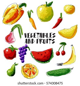 Vegetables and fruit vector set. Stylized food. Hand drawn set for menu design.