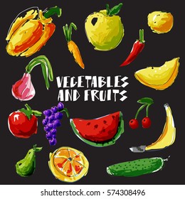 Vegetables and fruit vector set. Stylized food. Hand drawn set for menu design.