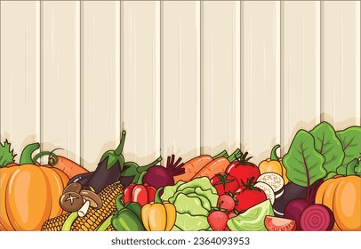 Vegetables and Fruit with Wooden Background