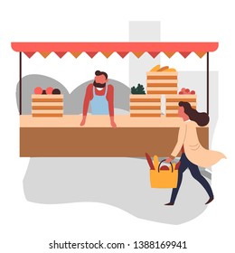 Hortalizas y frutas en cajas de madera en comercializadores de puestos y compradores vectores hombres en delantal y mujer con bolsas de compras agricultura orgánica compra y venta de productos de cosecha madura cosecha madura ingredientes de cocina