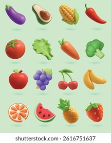 Vegetables and fruits 3d vector cartoon icon set