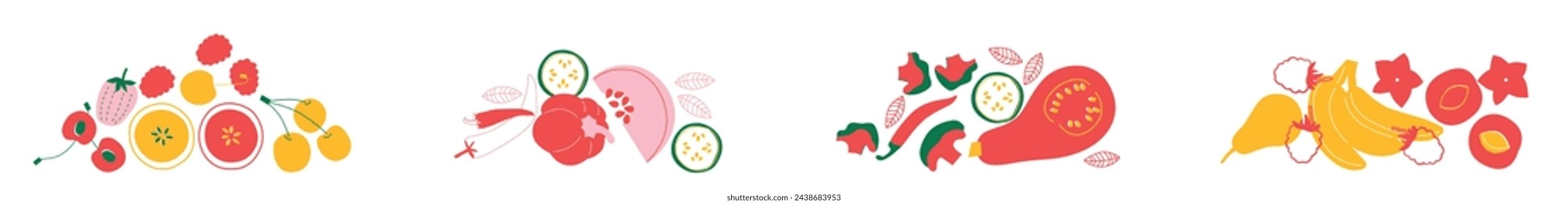 Vegetables and fruits abstract collection. Flat vector illustration