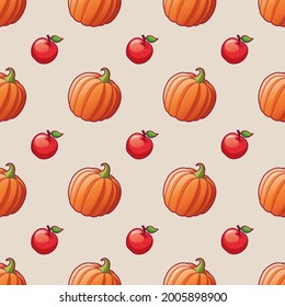 Vegetables and fruits. Apple and pumpkin. Seamless pattern for textile print. Harvest. Bright illustrations of ripe pumpkin and apple. Holiday Wrapping Paper