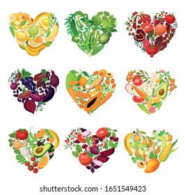 Vegetables and Fruits Arranged in Heart Shape Vector Set