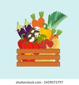 Vegetables and fruits in basket. There are bananas, tomatoes, peppers, cherries, carrots, shiitake mushrooms, eggplant and leeks. Isolated background.