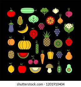 Vegetables, fruits and berries flat vector icons set