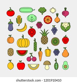 Vegetables, fruits and berries flat vector icons set