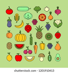 Vegetables, fruits and berries flat vector icons set