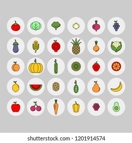 Vegetables, fruits and berries flat vector icons set