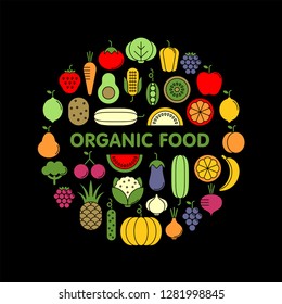 Vegetables, fruits and berries flat vector icons set