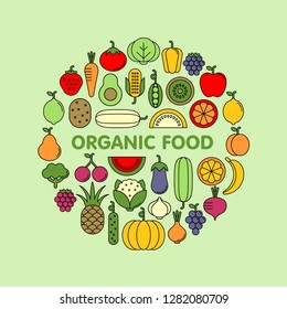 Vegetables, fruits and berries flat vector icons set. Organic food flat vector icons
