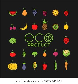 Vegetables, fruits and berries flat vector icons set. Eco product vector sign