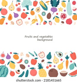 Vegetables, fruits, berries and mushrooms background. Natural organic nutrition. Healthy food, dietetics products, fresh vitamin grocery products. Vector illustration in flat style