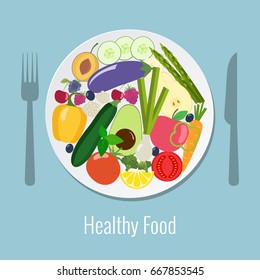 Vegetables, fruits and berries on a plate. Healthy food vector illustration.