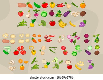 Vegetables, fruits, and berries rich in vitamins. Chopped vegetables and fruits.