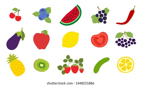 Vegetables, fruits, berries set. Cherry, blueberry, watermelon, currant, pepper, eggplant, apple, lemon, tomato, black chokeberry, pineapple, kiwi, strawberry, cucumber. Vector sketch. Natural product