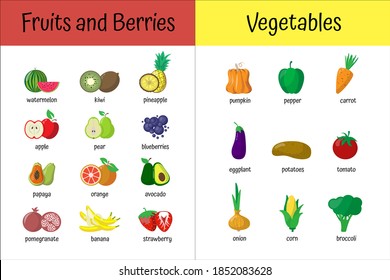 vegetables fruits berries worksheet for kids. educational set for preschoolers. Educational card, study of vegetables, fruits. harvest festival