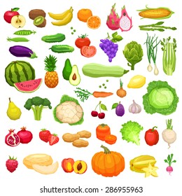 Vegetables And Fruits Big Icons Set In Flat Style On White Background. Healthy And Vegetarian Food Collection