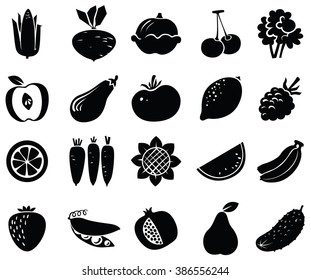 Vegetables and fruits black icons set