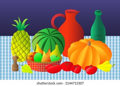 Verduras, frutas, botella y jarra sobre la mesa. Todavía la vida. Establecer. Ilustración vectorial.