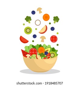Vegetables and fruits in bowl in flat design. Salad bar for healthy meal. Vegetarian dish. Healthy food on white background.