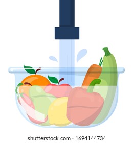 Vegetables and fruits in a bowl under the water vector isolated. Wash raw food before cooking. Rules of hygiene and health.