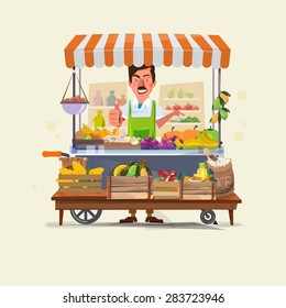 vegetables and fruits cart with seller character design. market cart. Green Carts sell only fresh fruits and vegetables. promote healthy eating concept - vector illustration