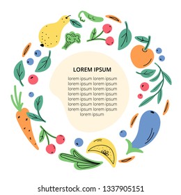 Vegetables and fruits. Circle frame for menu, organic and natural food stores, packaging. Vector