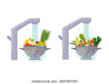 Vegetables and fruits in a colander under running water.  Wash fruits and vegetables before eating. Health care. Vector