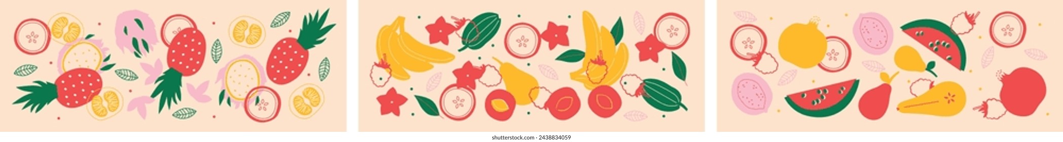 Vegetables and fruits collection. Vector flat illustration. Fruits, vegetables, berries banner