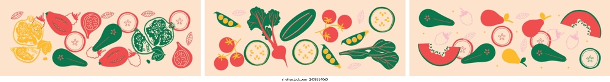Vegetables and fruits collection. Vector flat illustration. Fruits, vegetables, berries banner