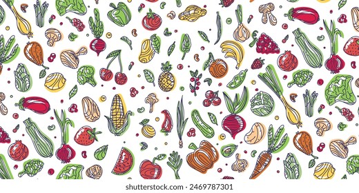 Verduras y frutas en color. Patrón de garabato dibujado a mano sin fisuras sobre fondo oscuro. Ilustración para fondo, tarjeta, cartel, Anuncio, impresión textil, cubierta, Diseño web. Coma sano. Iconos vectoriales.