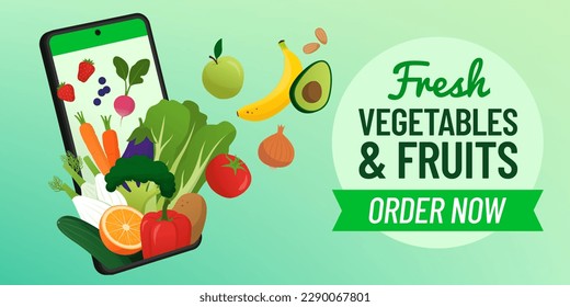 Vegetables and fruits coming out from a smartphone screen, buy fresh greens online