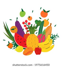 Vegetables and fruits composition isolated on white. Flying colorful veggies and fruits. Healthy food concept for vegan, vegetarian, raw diet. Pineapple, banana, mango, lemon, cucumber, zucchini