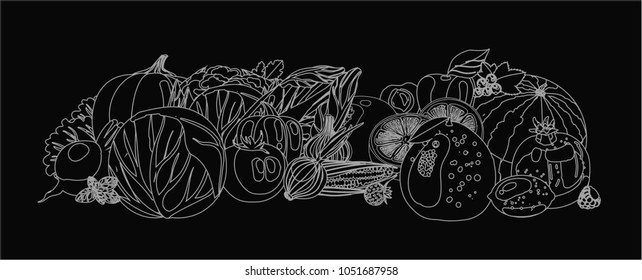 Vegetables and fruits. Contour drawing, coloring