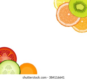 vegetables and fruits corner frame with realistic tomato, cucumber, lemon, carrot, grapefruit, orange, kiwi slices on white background, vector