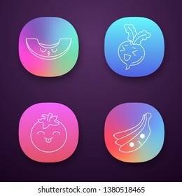 Vegetables and fruits cute kawaii app characters set. Tomato, kissing banana and melon, laughing beetroot with smiling faces. Funny emoji, emoticon, smile. Vector isolated illustration