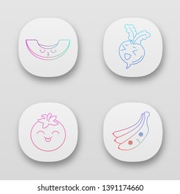 Vegetables and fruits cute kawaii app characters set. Funny emoji, emoticon, smile. Tomato, kissing banana and melon, laughing beetroot with smiling faces. Vector isolated illustration