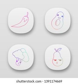 Vegetables and fruits cute kawaii app characters set. Persevere chili pepper, serious pear. Avocado, broccoli with smiling faces. Funny emoji, emoticon, smile. Vector isolated illustration