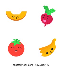 Vegetables and fruits cute kawaii flat design long shadow characters set. Tomato, kissing banana and melon, laughing beetroot with smiling faces. Funny emoji. Vector isolated silhouette illustration