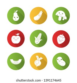 Vegetables and fruits cute kawaii flat design long shadow glyph characters set. Eggplant, potato, melon, apple with smiling faces. Funny emoji, emoticon. Vector isolated silhouette illustration