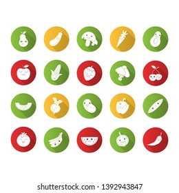 Vegetables and fruits cute kawaii flat design long shadow glyph characters set. Watermelon and banana with smiling faces. Funny emoji, emoticon, smile. Vector isolated silhouette illustration